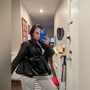 ZARA Shiny Leather Slouchy Tote Bag (Black)